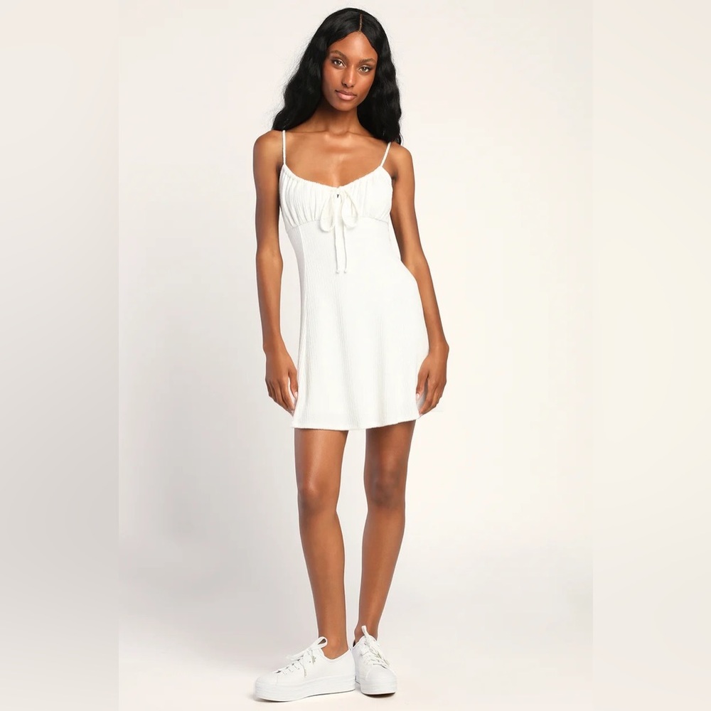 Lulus Casual Confidence Ivory Terry Knit Drawstring Mini Dress